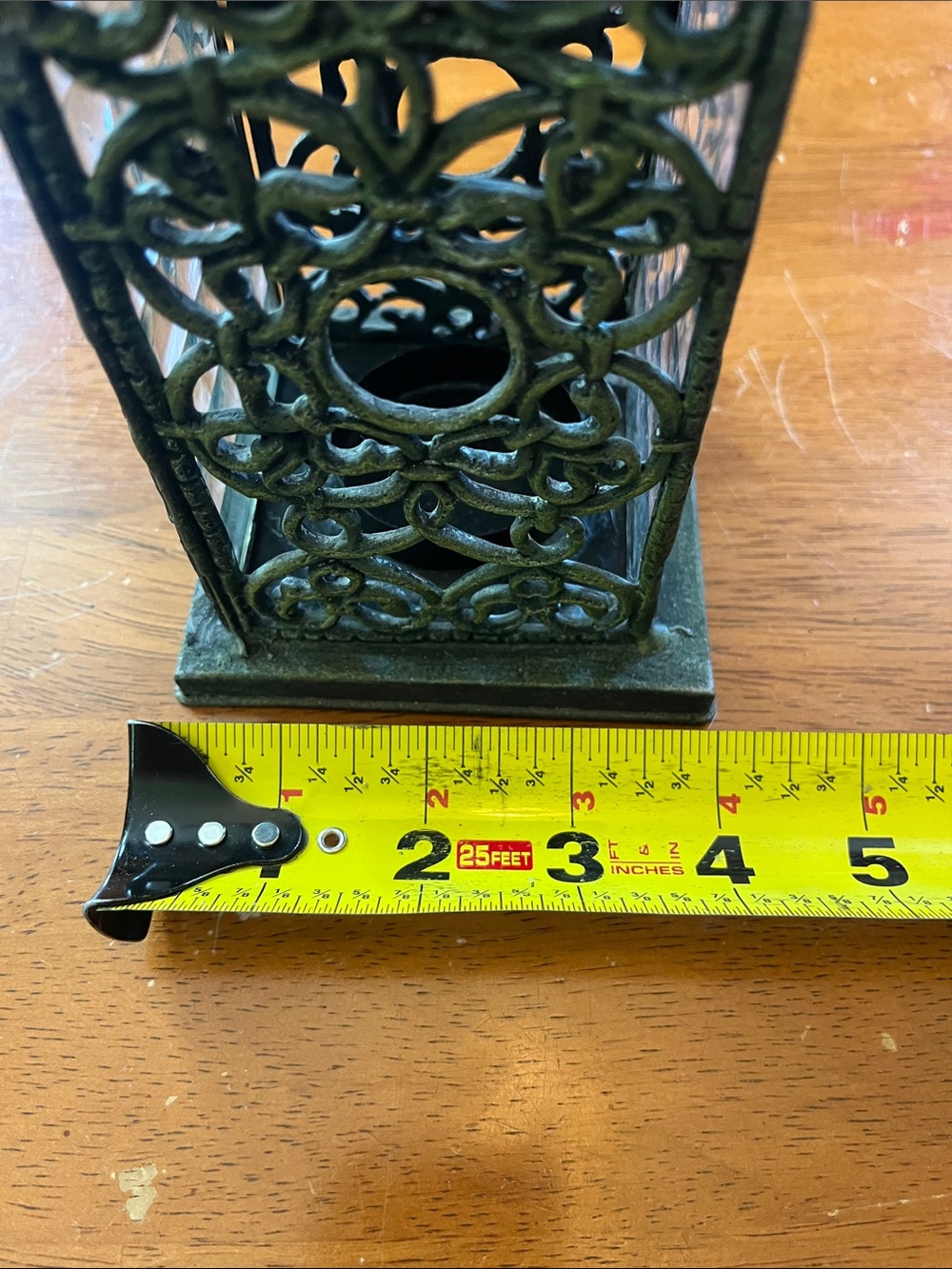 Decorative Green Metal and Glass Cathedral Style 12”H Lantern Filigree Detailing - Picture 14 of 15